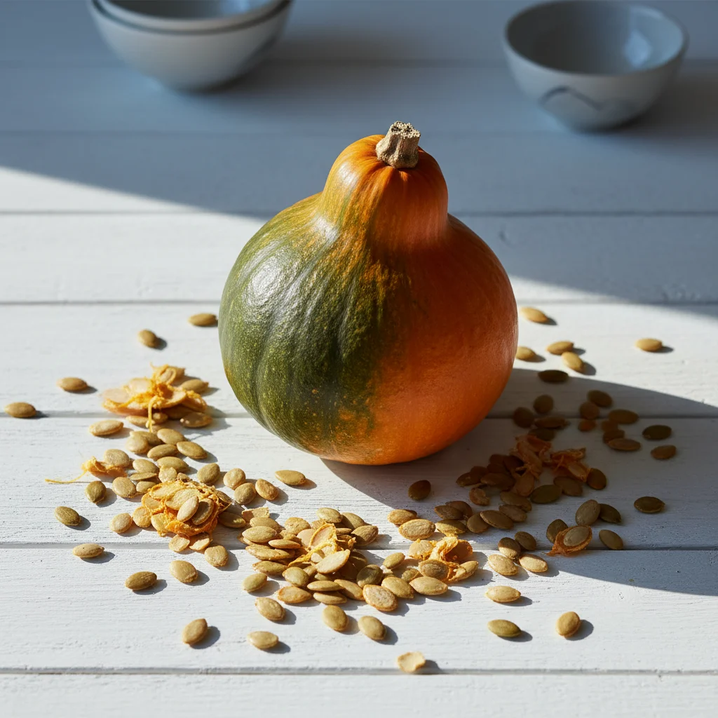 Pompoenzaden en een verse pompoen op witte ondergrond - pompoenzaad supplement ingredient